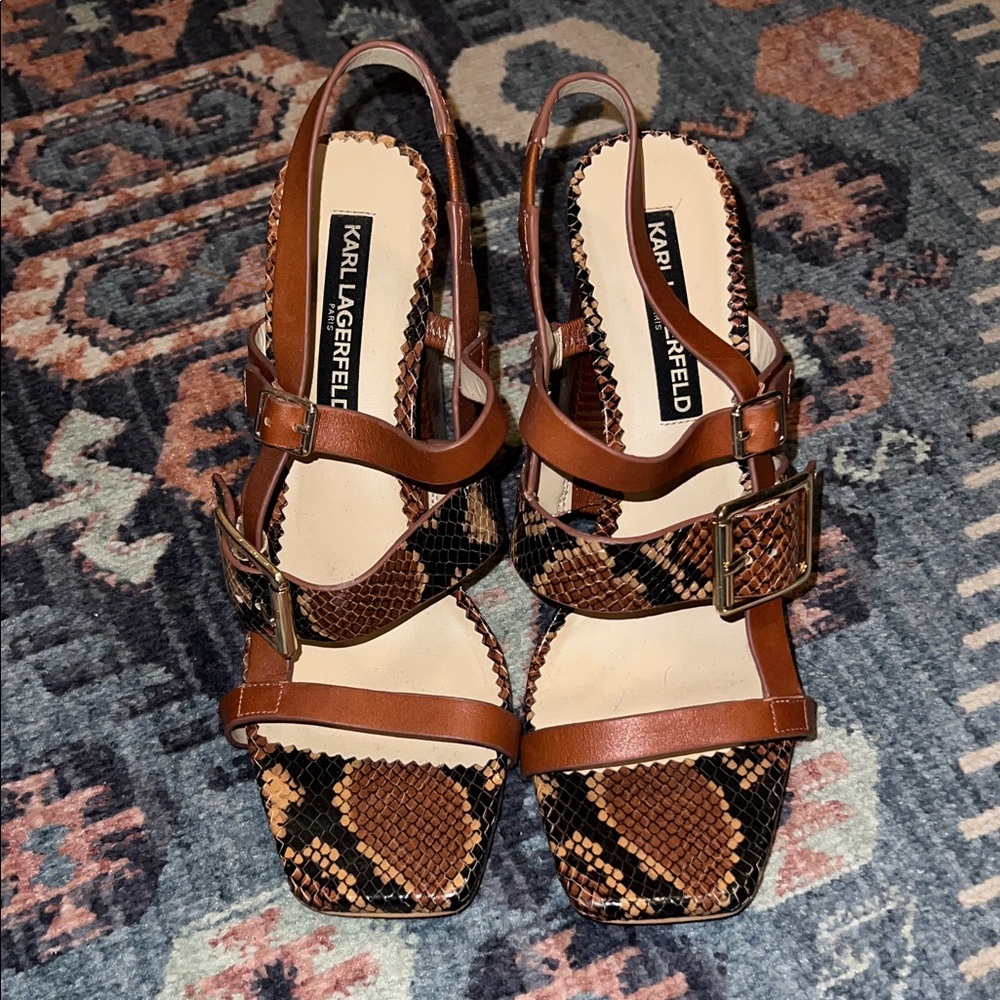 Karl Lagerfeld Tan and Black Snake Print Buckle Heels